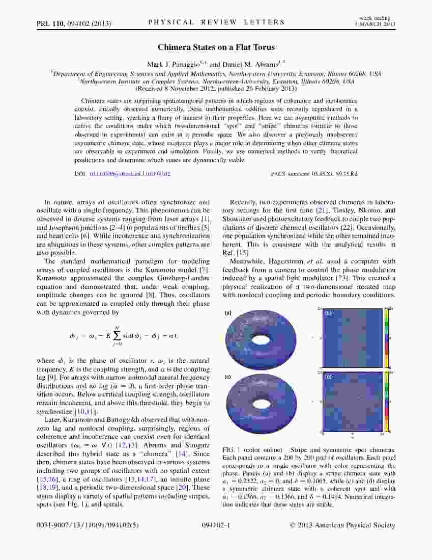 Panaggio and Abrams - Chimera states on a flat torus - PRL 110, 094102 (2013)